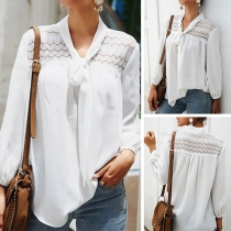 Fashion Long Sleeve Lace-up V-neck Lace Spliced Blouse   