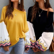 Fashion Long Sleeve Loose Embroidered Spliced Knit Top 