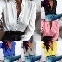 Fashion Solid Color Long Sleeve POLO Collar Front-button Shirt 