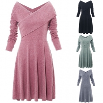 Sexy V-neck Long Sleeve Solid Color Dress