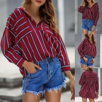 Fashion Long Sleeve POLO Collar Striped Shirt 