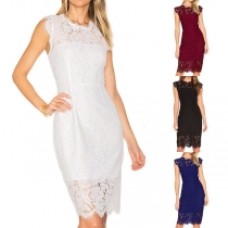 Elegant Solid Color Sleeveless Round Neck Slim Fit Lace Dress