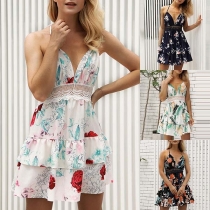 Sexy Backless V-neck Lace Spliced High Waist Sling Printed Dress