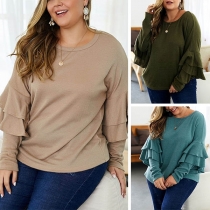 Fashion Solid Color Lotus Sleeve Round Neck Plus-size Top
