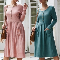 Fashion Solid Color Long Sleeve Round Neck Dress