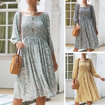 Fresh Style Lantern Sleeve Square Collar Printed Dress