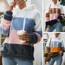 Fashion Contrast Color Long Sleeve Plush Drawstring Hoodie