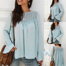 Fashion Lace Spliced Trumpet Sleeve Round Neck Chiffon Top