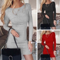 Simple Style Long Sleeve Round Neck Solid Color Slim Fit Dress