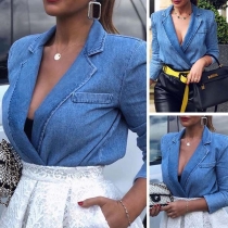 Fashion Long Sleeve Notched Lapel Denim Jacket