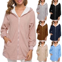 Fashion Solid Color Long Sleeve Hooded Plush Coat 