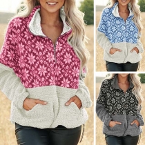 Fashion Long Sleeve Stand Collar Printed Spliced Plush Sweatshirt 