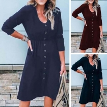 Fashion Solid Color Long Sleeve Round Neck Single-breasted Dress