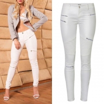 Fashion Zipper Ruched Artificial Leather PU Low Rise Skinny Pants