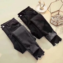 Fashion Slim Fit Irregular Hem Plush Lining Jeans
