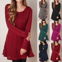 Fashion Solid Color Long Sleeve Round Neck Short Sweater Dress