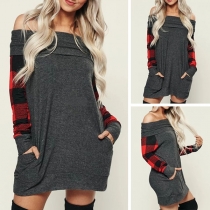Fashion Plaid Spliced Long Sleeve Boat Neck Dress