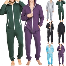 Fashion Solid Color Long Sleeve Hooded Man's One-piece Pajamas Sleepwear