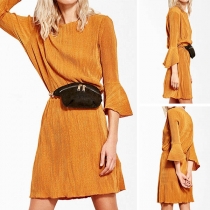 Fashion Solid Color Trumpet Sleeve Round Neck Dress