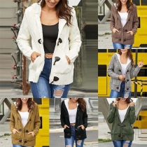 Fashion Solid Color Long Sleeve Plush Lining Hooded Knit Coat 