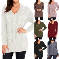 Fashion Solid Color Long Sleeve V-neck Slit Hem Sweater