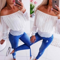 Sexy Off-shoulder Boat Neck Long Sleeve Elastic Hem Top 