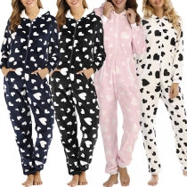 Fashion Long Sleeve Hooded Heart Printed One-piece Pajamas Sleepwear