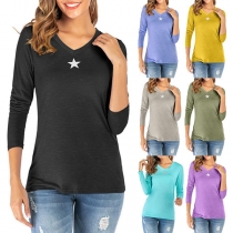 Fashion Pentagram Printed Long Sleeve V-neck T-shirt