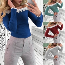 Sexy Lace Spliced Boat Neck Long Sleeve Slim Fit T-shirt