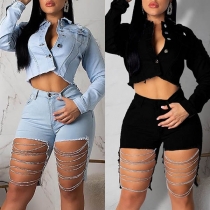 Sexy Backless Long Sleeve Short-style Ripped Denim Coat 