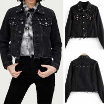 Punk Style Long Sleeve Frayed Hem Rivets Denim Coat