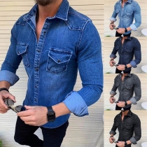 Fashion Long Sleeve POLO Collar Slim Fit Man's Denim Shirt