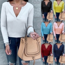Fashion Solid Color Long Sleeve V-neck T-shirt 