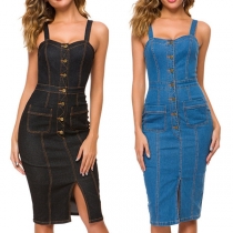 Sexy Backless Slit Hem Front-button Slim Fit Sling Denim Dress
