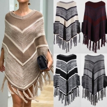 Fashion Contrast Color Tassel Hem Cloak-style Knit Top 