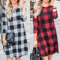 Fashion 3/4 Sleeve Round Neck Plaid Dress