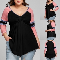 Fashion Contrast Color Long Sleeve V-neck Plus-size T-shirt 