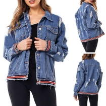 Fashion Long Sleeve POLO Collar Ripped Loose Denim Coat