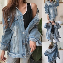 Fashion Long Sleeve POLO Collar Ripped Loose Denim Coat 