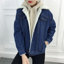 Fashion Long Sleeve Oblique Zipper Plush Lining Denim Coat