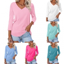 Fashion Solid Color 3/4 Sleeve V-neck T-shirt