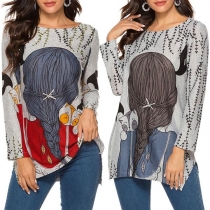 Cute Cartoon Printed Long Sleeve Round Neck Slit Hem T-shirt 