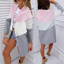 Fashion Contrast Color Long Sleeve Hooded Knit Cardigan