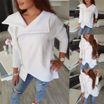 Fashion Solid Color Irregular Hem Oblique Zipper Hooded Sweatshirt Coat 