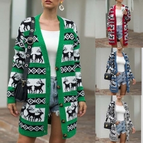 Fashion Long Sleeve Elk Printed Knit Cardigan