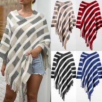 Fashion Irregular Tassel Hem Plaid Cloak-style Knit Top 
