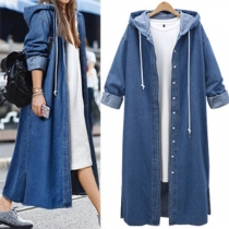 Fashion Long Sleeve Hooded Loose Denim Coat