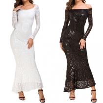 Sexy Off-shoulder Boat Neck Long Sleeve Sequin Party Dress
