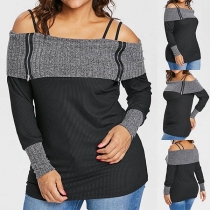 Sexy Off-shoulder Long Sleeve Contrast Color Sling Knit Top 