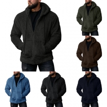 Fashion Solid Color Long Sleeve Hooded Man's Plush Jacket